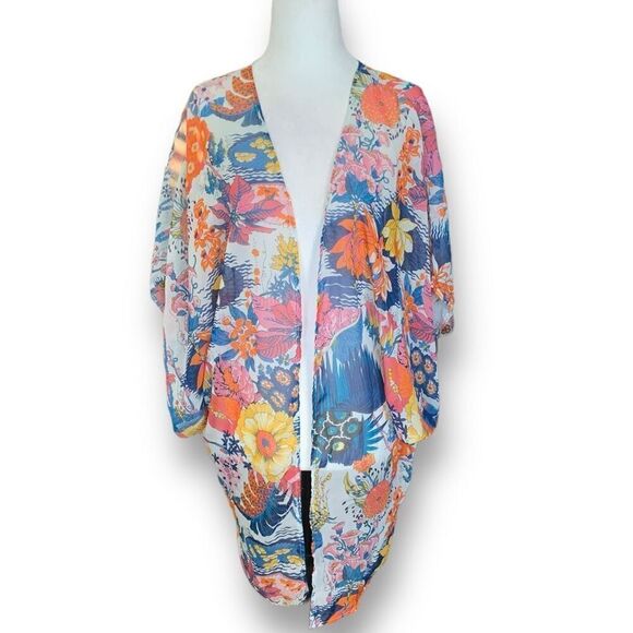 Kimono Swim Coverup Sheer Colorful White Blue Floral Print Open Front Small - Picture 1 of 10